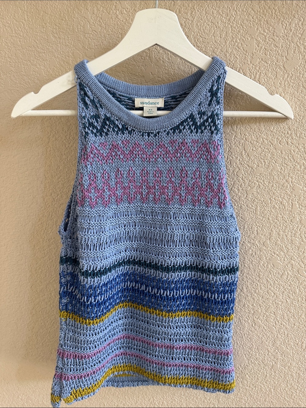 Sundance Light Blue Knit Tank with Pink, Navy and Yellow Stripes